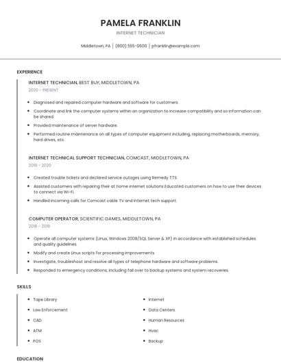 Internet Technician Resume
