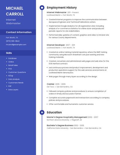 Internet Webmaster Resume