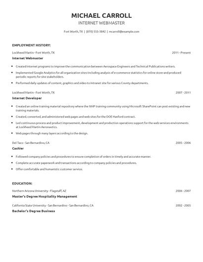 Internet Webmaster Resume