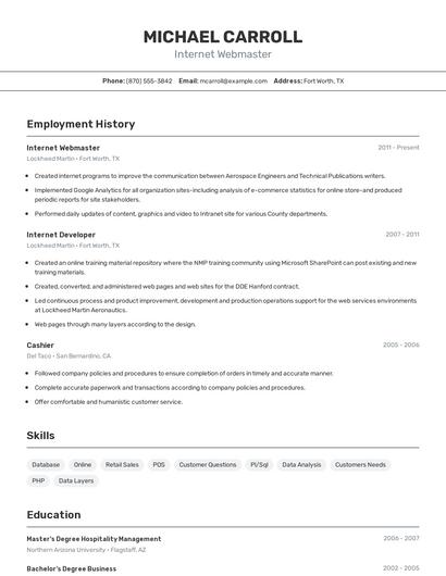 Internet Webmaster Resume