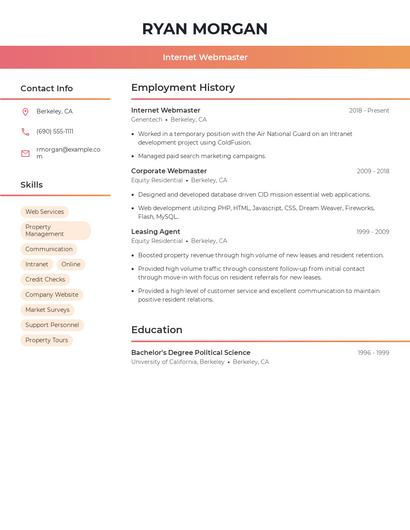 Internet Webmaster Resume