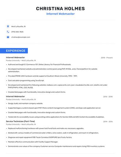 Internet Webmaster Resume