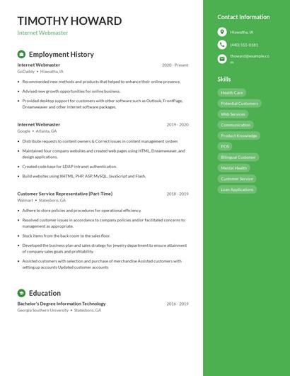 Internet Webmaster Resume