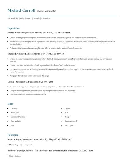 Internet Webmaster Resume