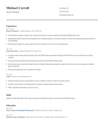 Internet Webmaster Resume