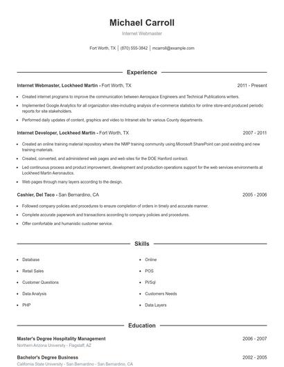 Internet Webmaster Resume