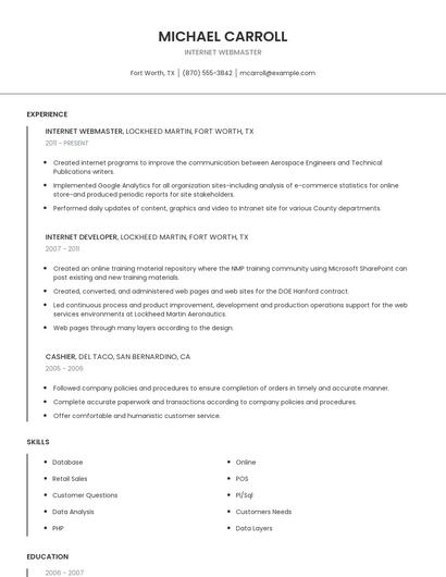 Internet Webmaster Resume