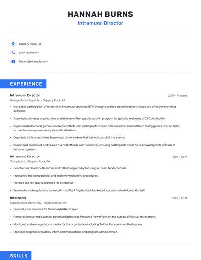 Intramural Director Resume