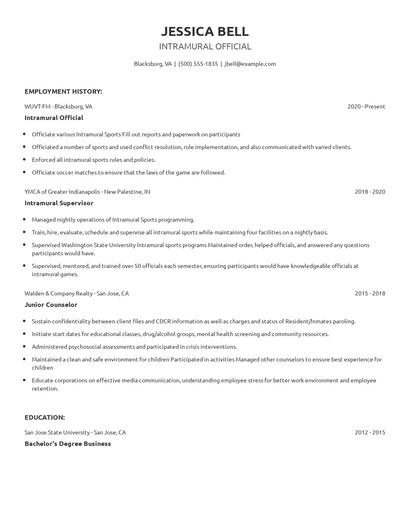Intramural Official Resume