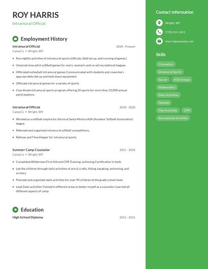 Intramural Official Resume