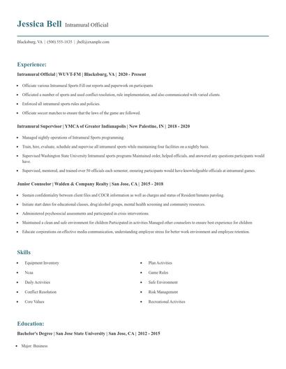 Intramural Official Resume