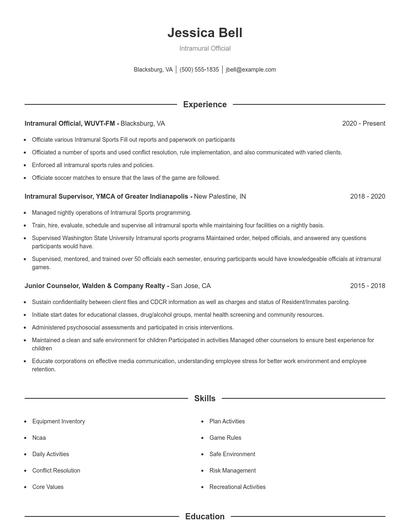 Intramural Official Resume