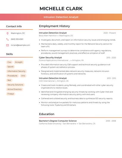 Intrusion Detection Analyst Resume