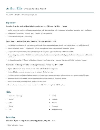 Intrusion Detection Analyst Resume