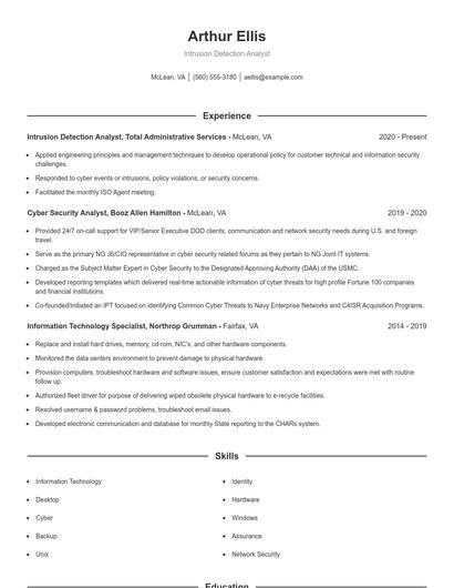Intrusion Detection Analyst Resume