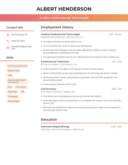 Invasive Cardiovascular Technologist Resume