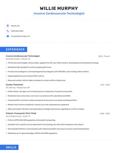 Invasive Cardiovascular Technologist Resume