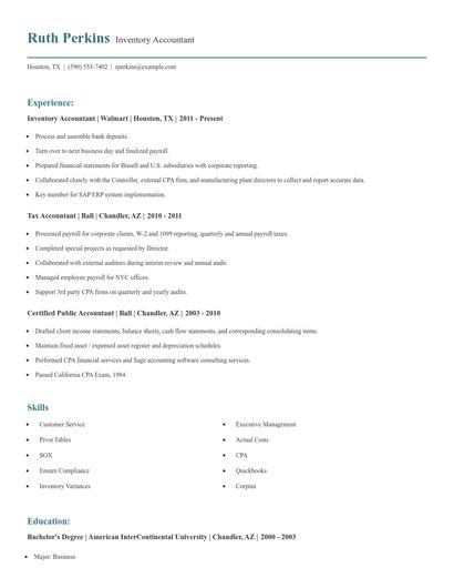Inventory Accountant Resume