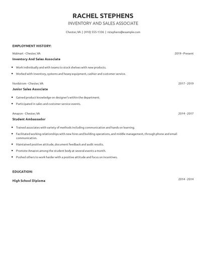 Inventory And Sales Associate Resume