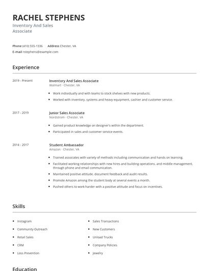 Inventory And Sales Associate Resume