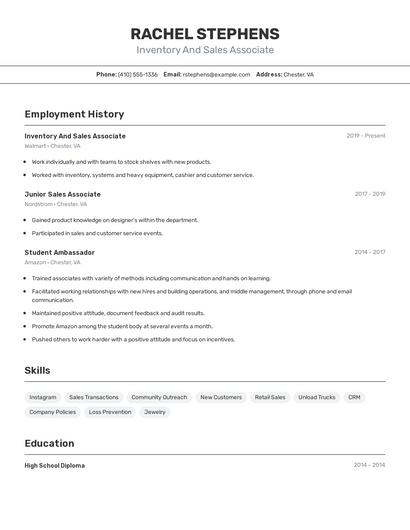 Inventory And Sales Associate Resume