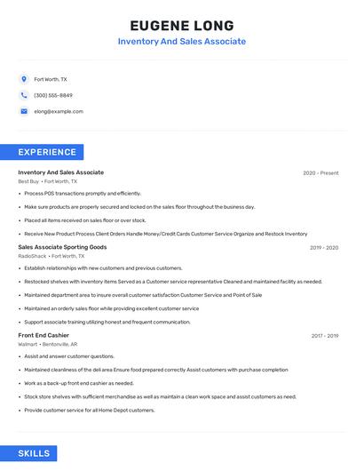 Inventory And Sales Associate Resume