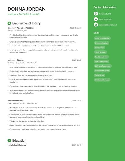 Inventory And Sales Associate Resume