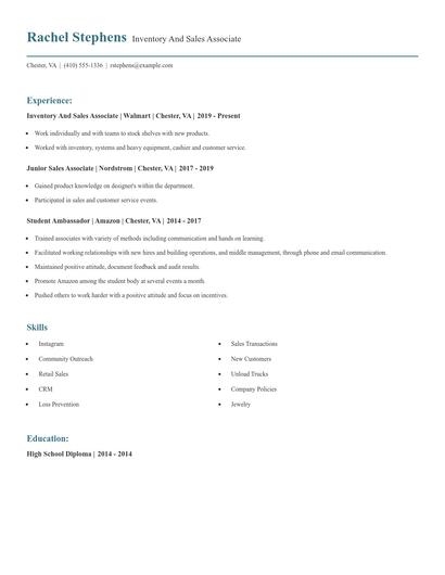 Inventory And Sales Associate Resume