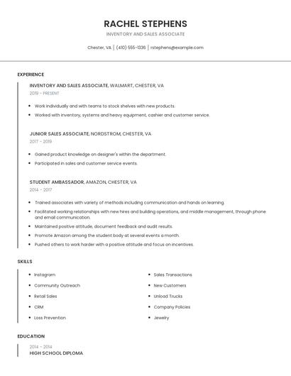 Inventory And Sales Associate Resume