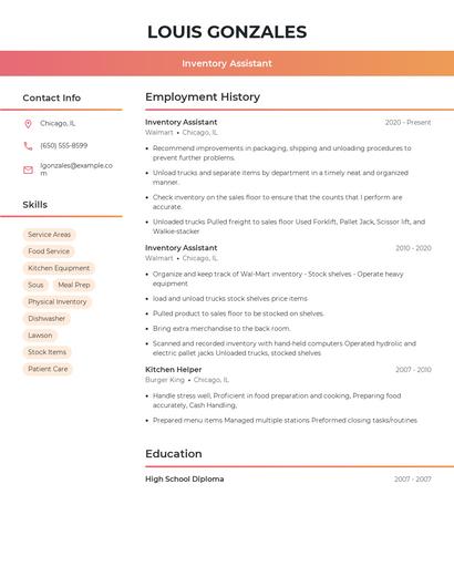 Inventory Assistant Resume