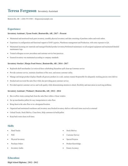 Inventory Assistant Resume