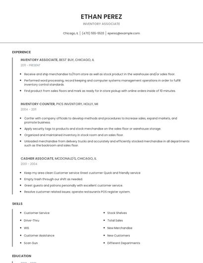 Inventory Associate Resume