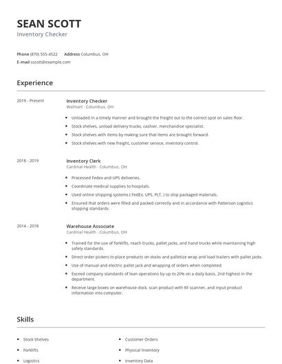 Inventory Checker Resume