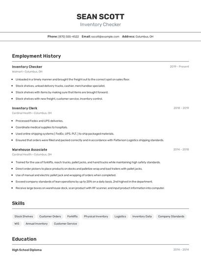 Inventory Checker Resume