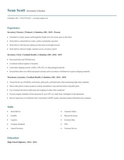 Inventory Checker Resume