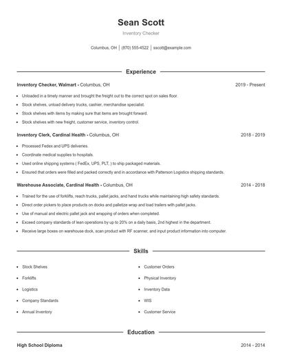 Inventory Checker Resume