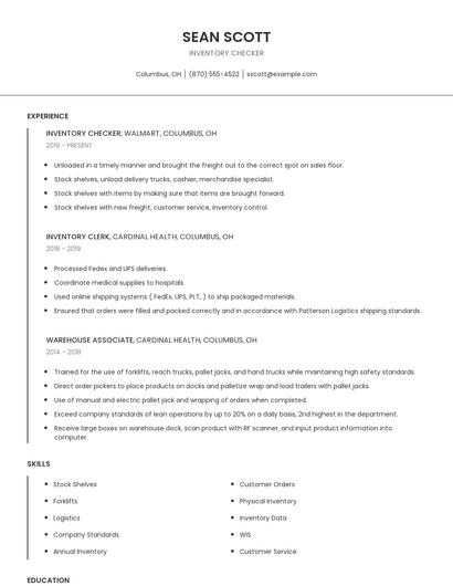 Inventory Checker Resume