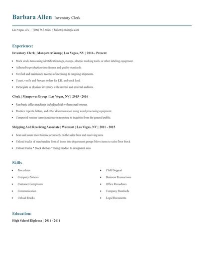 Inventory Clerk Resume