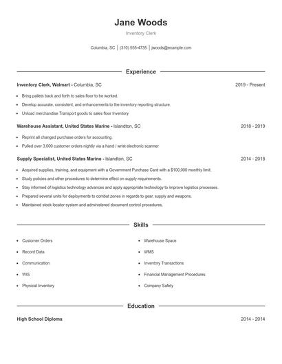 Inventory Clerk Resume