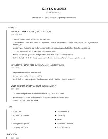 Inventory Clerk Resume