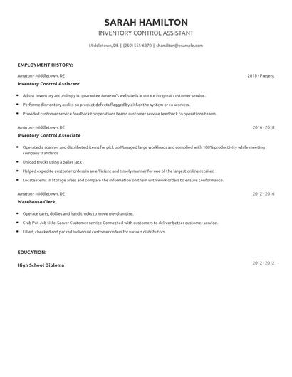 Inventory Control Assistant Resume