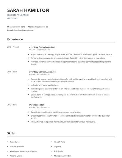 Inventory Control Assistant Resume