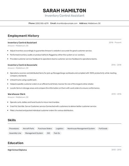 Inventory Control Assistant Resume