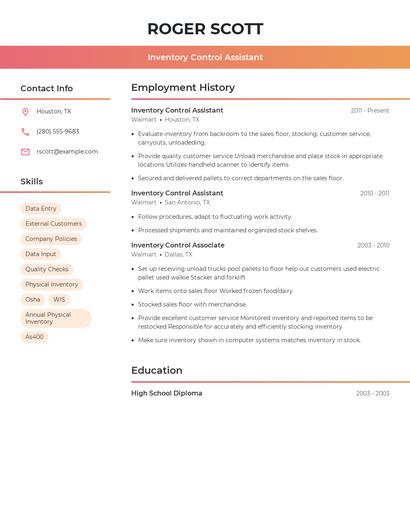 Inventory Control Assistant Resume