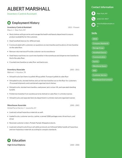 Inventory Control Assistant Resume