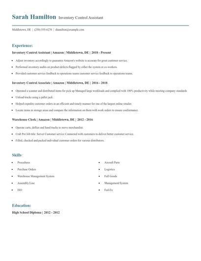 Inventory Control Assistant Resume