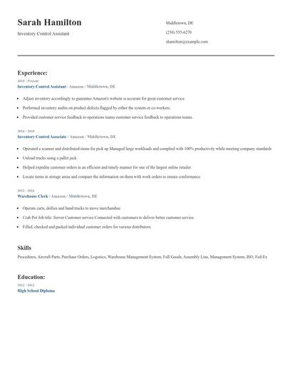 Inventory Control Assistant Resume