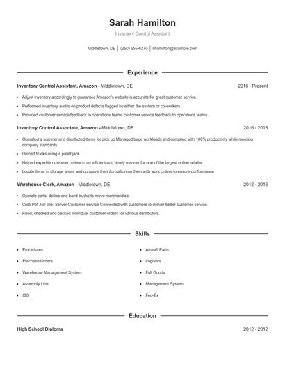 Inventory Control Assistant Resume