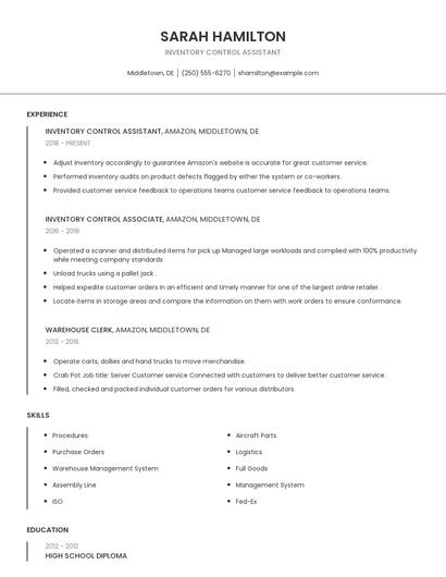 Inventory Control Assistant Resume