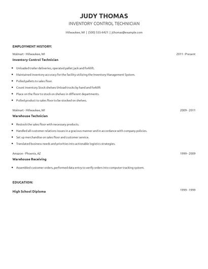 Inventory Control Technician Resume